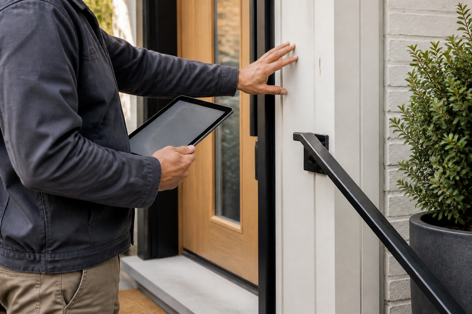 A property service professional inspecting a residential entryway